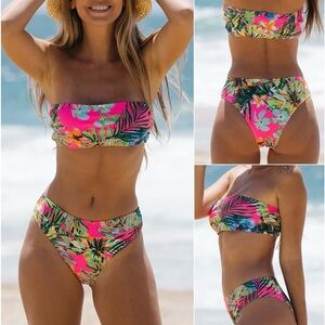 Tropical Floral Print Bandeau High Waist Bikini Set